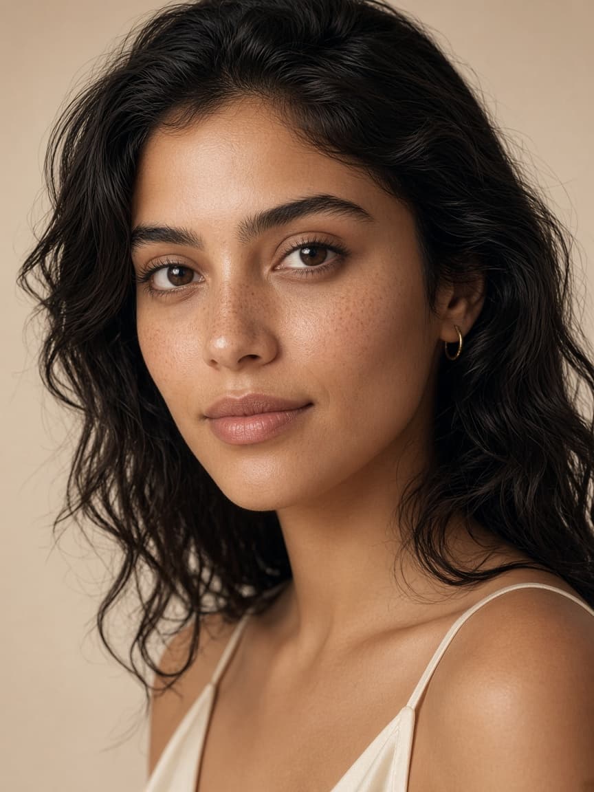 The same Claraline model with bare skin — no makeup