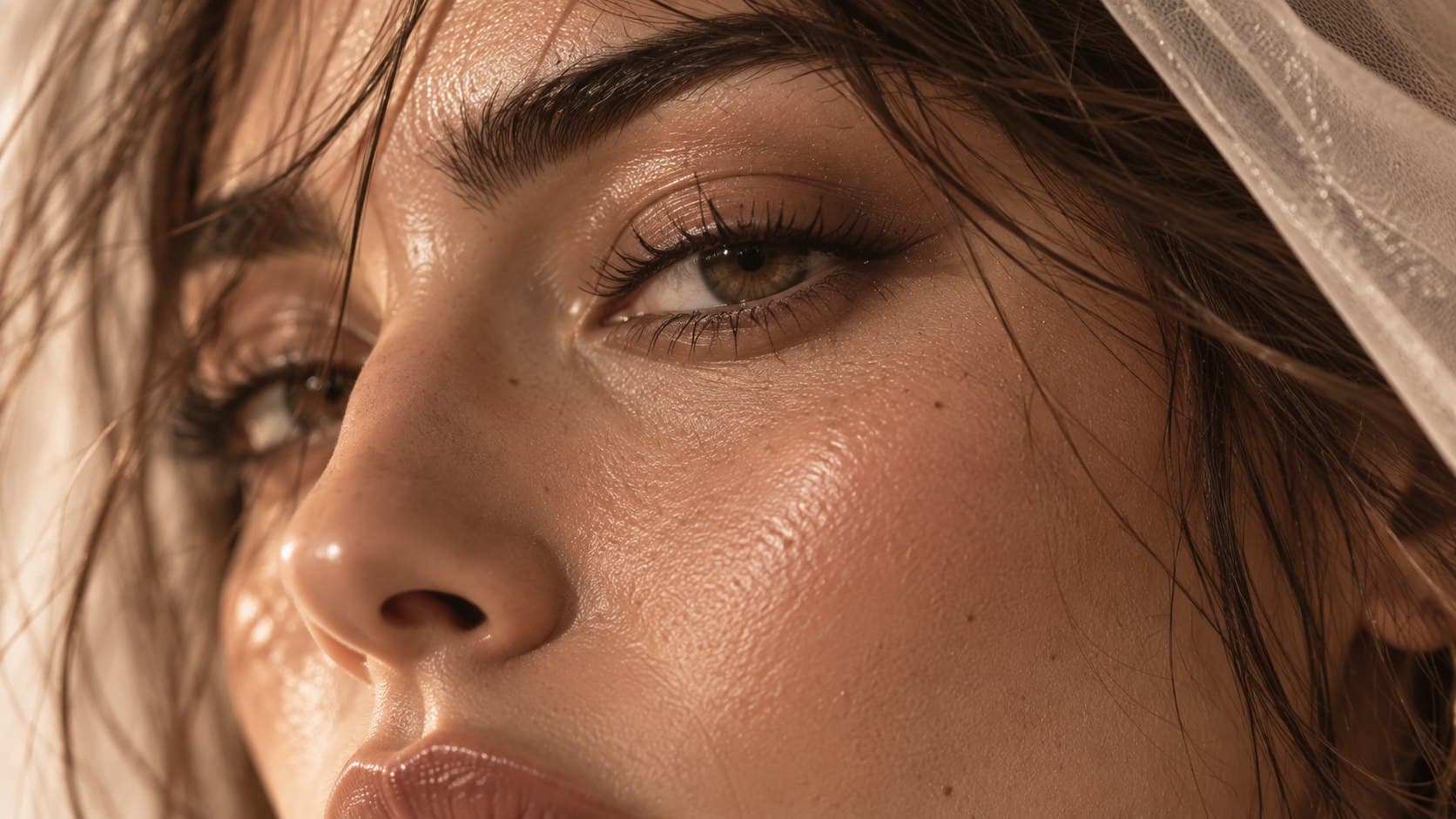 Macro detail of luminous skin with a soft cream finish